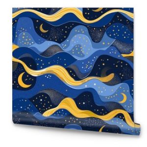 Abstract night sky seamless pattern with moon and stars, showcasing a whimsical and magical theme. Ideal for children's rooms, stationery, and fabric design.