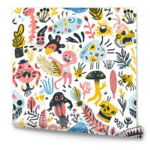 Seamless cute doodle monsters, animals, mushrooms and abstract graphic pattern wallpaper for kids wrapping paper, cards, wallpaper, kids room decors