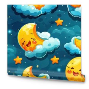 Seamless cartoon night sky pattern with smiling moons, stars, and clouds perfect for kids' wallpapers, textiles, and nursery decor.