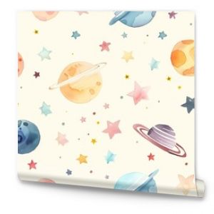 Whimsical Watercolor Space Pattern Featuring Planets, Stars, and Celestial Bodies in Soft Pastel Colors, Perfect for Children's Room Decor, Stationery, and Textile Designs