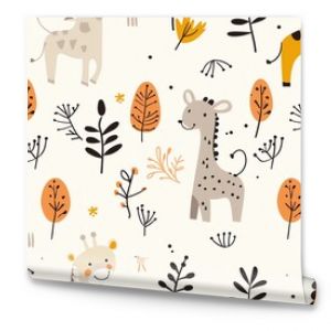 Cute cartoon giraffe seamless pattern with leaves, ideal for children's room decor or fabric design, in autumn colors.