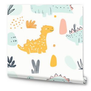 Adorable seamless pattern with pastel-colored dinosaurs and abstract shapes, perfect for kids' rooms or playful designs.