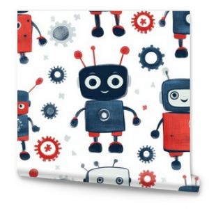 Cute Robots and Gears Seamless Pattern