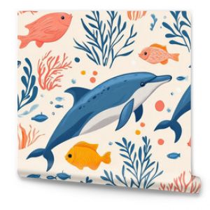 Seamless marine pattern with dolphins, fish, and seaweed in a colorful, playful design, ideal for kids' room wallpaper or decor.