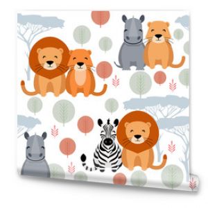 Cute vector animal seamless pattern with lion, rhino, zebra on white background