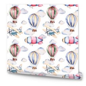 Seamless pattern with air balloons,airship,clouds and the plane in pastel colors.Watercolor air ballons beautifully decorated on white background and other aircrafts.Perfect for wallpaper