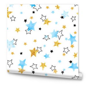 Seamless Stars pattern. Vector background with watercolor blue and glittering golden stars.