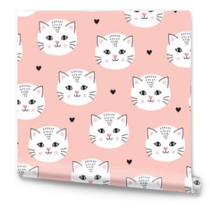 seamless pastel peach pink white cat pattern vector illustration