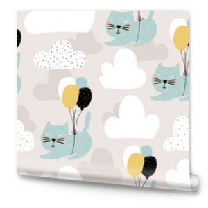 Seamless childish pattern with cute cats flying with balloon. Creative nursery background. Perfect for kids design, fabric, wrapping, wallpaper, textile, apparel