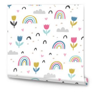 Hand drawn cute abstract pattern. Rainbow, flower, clouds doodle vector seamless background. Design for fabric in bright colors.