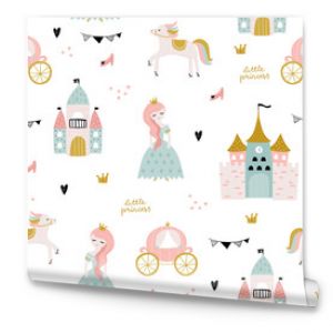 Childish seamless pattern with princess, castle, carriage in scandinavian style. Creative vector childish background for fabric, textile