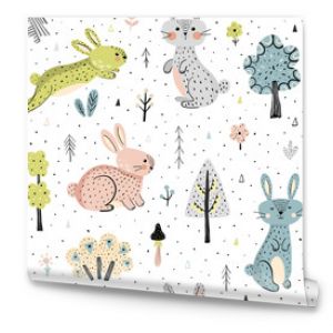 Seamless pattern with bunnies in the forest. Childish background in modern scandinavian style. Vector illustration