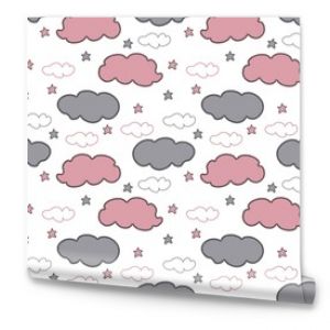 Baby vector seamless pattern. Hand drawn gray and pink clouds and stars on white background. Template for desing, textile, wallpaper, wrapping, cover, web site, card, banner, ceramic tile.