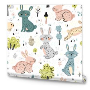 Rabbits in the woods cute seamless pattern in Scandinavian style. Great for kids apparel, textile, fabric, wrapping paper, nursery decoration. Vector illustration