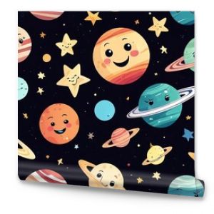 An engaging seamless pattern featuring smiling planets and shining stars, ideal for children's room decor and educational materials, promoting curiosity about space, Generative AI