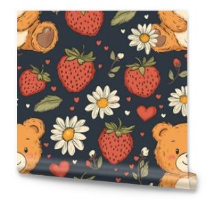 Seamless pattern. This playful design showcases cute bears surrounded by vibrant strawberries and flowers, creating a charming and joyful ambiance ideal for kids' rooms or creative crafts