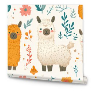 A seamless pattern featuring cute cartoon llamas and alpacas, perfect for nursery decorations or kids' room designs. The background is filled with playful, hand-drawn elements.