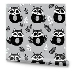 A seamless wallpaper design with foxes, raccoons, animals, mushrooms, and abstract graphic patterns for kids wrapping papers, cards, wallpaper, and kid's rooms