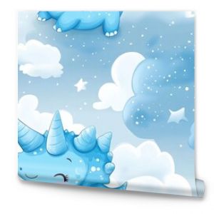 Seamless pattern featuring a cute blue baby triceratops nestled on fluffy clouds perfect for design projects related to children s rooms and playful decor