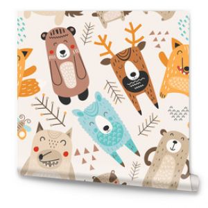 Repeat pattern woodland animals kids fabric. Forest design your own wallpaper vector illustration. Cute woodland theme nursery.