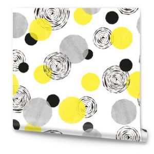 Circles pattern. Seamless geometric abstract vector dotted background with yellow and black round shapes.