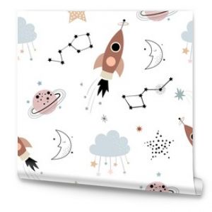 Space seamless pattern for kids, children.Wallpaper nursery room, background for gift paper, doodle style