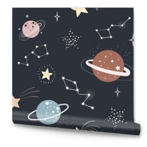 Space seamless pattern for kids, children.Wallpaper nursery room, background for gift paper, doodle style