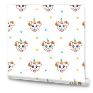 Cute unicorn puppy kids seamless pattern. Happy dog rainbow unicorn background