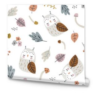 Childish forest pattern with owl, leaves, mushrooms. Woodland kids texture for fabric, textile, wallpaper. Vector illustration