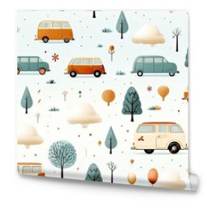 Seamless pattern with whimsical cartoon vehicles illustrations ,a simple design for baby room decor and nursery decoration.  a cute and simple vehicles  illustrations for nursery pattern. 