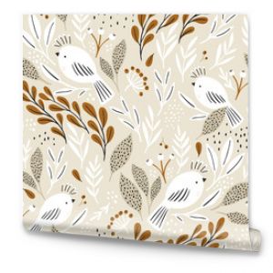 Seamless botanical pattern with white birds and floral surrounding. Delicate bird texture for fabric, textile, wallpaper. Vector illustration