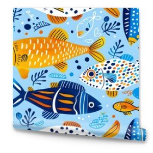 Colorful fish pattern on blue background. Ideal for kids room decor, nursery, or marine-themed projects. Bright and lively artwork. Use it for wallpapers and fabrics. AI