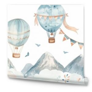 A seamless watercolor pattern for children with hot air balloons and clouds. It is illustrated in pastel blue and pink colors. The perfect background for a boy's or girl's room.