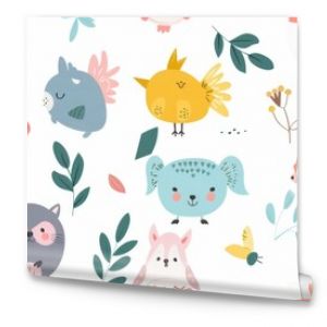 Whimsical pattern featuring cartoon animals and foliage in a playful and child-friendly design, perfect for nursery decor