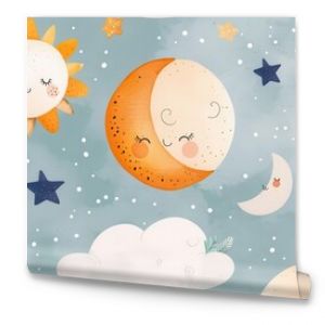 Cute watercolor seamless pattern with sun, moon, stars and clouds. Perfect for kids room decor.