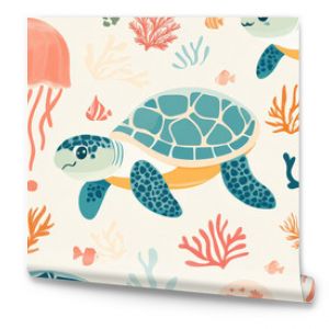 A vibrant seamless pattern featuring playful turtles, jellyfish, and coral in soft pastel colors for ocean-inspired kids' room decor.