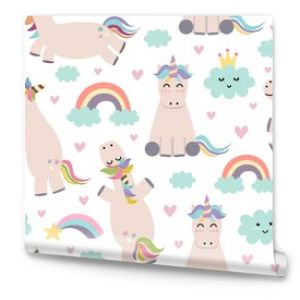 Adorable unicorn, rainbows and clouds seamless pattern. Cute background for baby and children design. Vector illustration