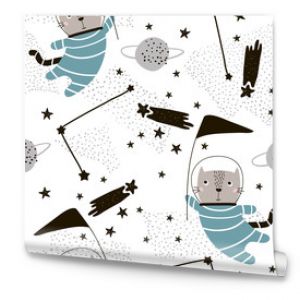 Seamless childish pattern with cute cats astronauts. Creative nursery background. Perfect for kids design, fabric, wrapping, wallpaper, textile, apparel