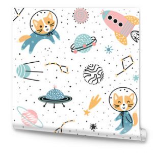 Cosmic seamless pattern with cute foxes