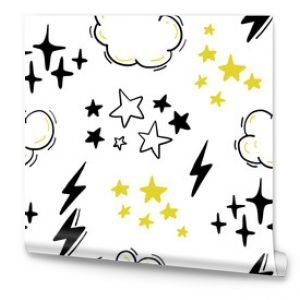 Vector seamless pattern with stars, clouds, lightning in hand drawn comic style. Doodling, doodle. Nursery outline drawing. Good for packaging design, children's room interior decor, kid clothes print