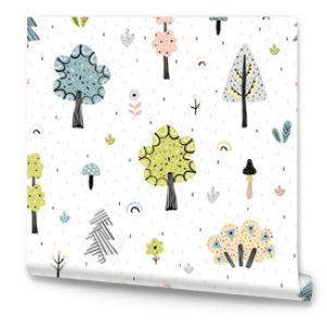 Fantasy forest seamless pattern. Scandinavian background. Vector illustration