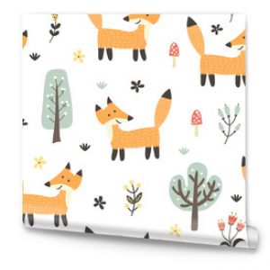 Funny fox seamless pattern. Forest background in childish style