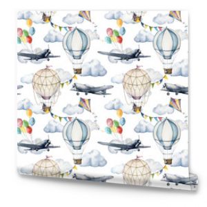 Watercolor seamless pattern with clouds and hot air balloons. Hand painted sky illustration with aerostates, planes and garlands isolated on white background. For design, prints, fabric or background.