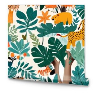 A charming seamless pattern filled with cute safari animals, colorful foliage, and fun elements, perfect for kids' room decor and toys, Generative AI