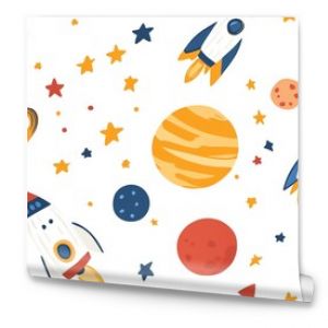 Cute seamless pattern with rockets, planets and stars. Perfect for kids' room decor, fabric or wallpaper.