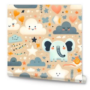 cute elephant with clouds and stars pattern design