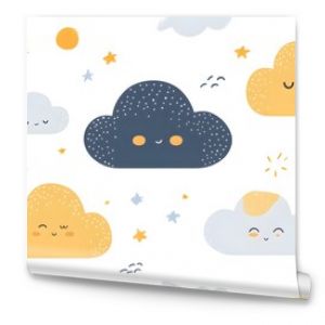 Cute Cartoon Clouds with Smiling Faces and Stars Seamless Pattern