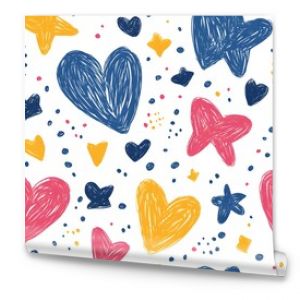 Cute hand-drawn seamless pattern with hearts, stars, and dots in pink, blue, yellow, and white. Perfect for kids' fabric, wallpaper, or wrapping paper.