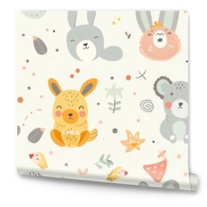 Cute seamless pattern with animals and flowers in pastel colors. Perfect for kids' room decor or nursery.