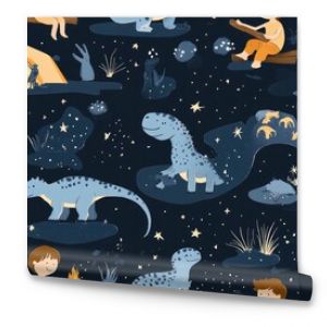 A seamless pattern featuring a whimsical night sky with dinosaurs, stars, campfire, and children.